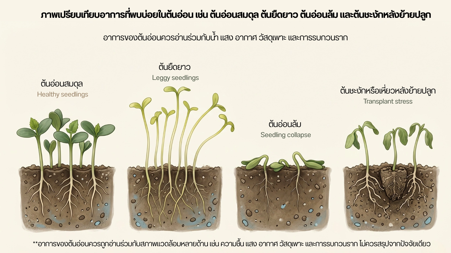 ภาพเปรียบเทียบอาการที่พบบ่อยในต้นอ่อน เช่น ต้นอ่อนสมดุล ต้นยืดยาว ต้นอ่อนล้ม และต้นชะงักหลังย้ายปลูก