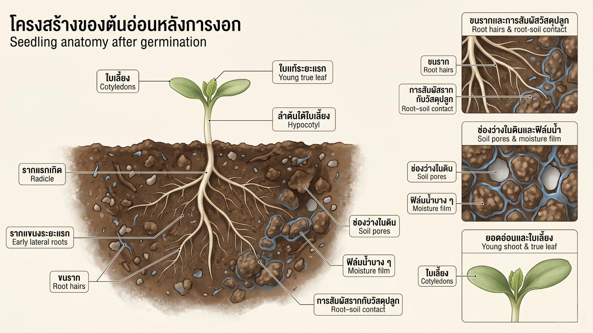 ภาพอธิบายโครงสร้างต้นอ่อนหลังการงอก แสดงใบเลี้ยง ใบแท้ระยะแรก ลำต้นใต้ใบเลี้ยง รากแรกเกิด รากแขนง ขนราก ช่องว่างในดิน และฟิล์มน้ำ