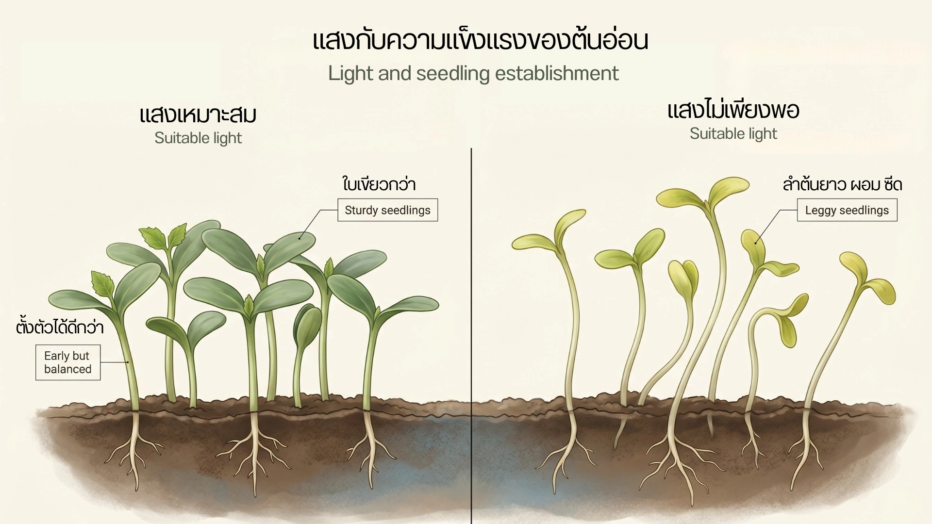 ภาพเปรียบเทียบต้นอ่อนที่ได้รับแสงเหมาะสมกับต้นอ่อนที่ยืดยาวจากแสงไม่พอ แสดงความต่างของลำต้น ใบ สี และระบบราก
