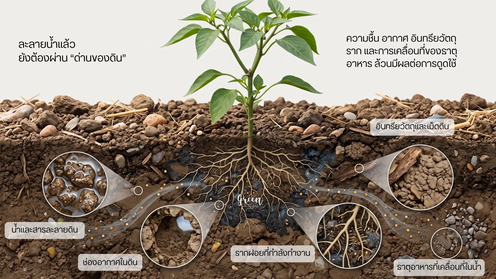 ภาพตัดขวางชั้นดินใต้ต้นพืช แสดงน้ำและสารละลายดิน ช่องอากาศในดิน รากฝอย อินทรียวัตถุ เม็ดดิน และจุดธาตุอาหารที่เคลื่อนที่อยู่ในเขตราก